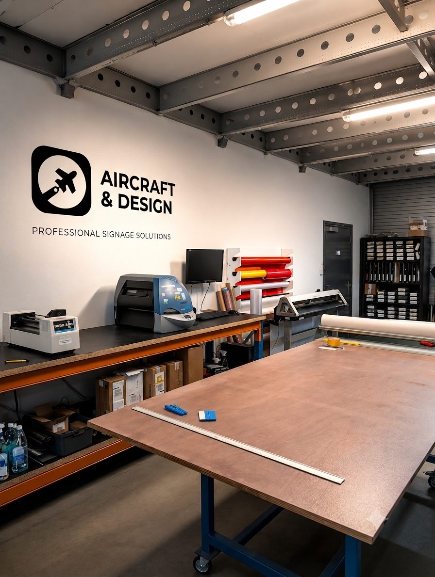 The Aircraft & Design workshop with Gerber printer, plotter and vinyl rolls